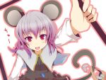  :d animal_ears dress gradient_hair heart heart-shaped_pupils holding jewelry koumei_(artist) mouse mouse_ears mouse_tail multicolored_hair nazrin necklace open_mouth outline red_eyes silver_hair smile solo symbol-shaped_pupils tail tail_hold touhou translation_request 