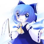  blue_eyes blue_hair blush bow cirno cosplay gohei hair_bow hakurei_reimu hakurei_reimu_(cosplay) highres japanese_clothes miko open_mouth smile solo touhou yume_shokunin 