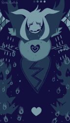  1boy 2017 2d alternate_form animal_ears anthro aqua_theme artist_name asriel_dreemurr asriel_dreemurr_(god_of_hyperdeath) blue_background body_fur claws closed_eyes color_guide commentary crying dark_background dated_commentary digital_media droopy_ears english_commentary face_mark fangs fireball floppy_ears fure furry furry_male goat goat_boy goat_ears goat_horns heart horns limited_palette male male_focus male_only mammal monster monster_boy no_legs petite-pumpkin simple_background solo spoilers tears undertale utdr_(toby_fox) white_fur white_horns wings 