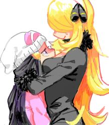  2girls black_coat blonde_hair coat cynthia_(pokemon) hikari_(pokemon) holding kasa looking_at_another multiple_girls oekaki pokemon 