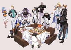  6+boys 6+girls ahoge akuta_hinako arm_behind_back ascot atlas_academy_uniform belt belt_buckle black_belt black_bow black_coat black_gloves black_hair black_jacket black_pants black_shirt black_shoes black_shorts black_shrug black_slippers black_socks blanket blonde_hair blue_ascot blue_bow blue_bowtie blue_hair blue_pantyhose blue_sailor_collar book boots bow bowtie braid brown_background brown_hair brown_shirt brown_shoes buckle cape capelet captain_nemo_(fate) captain_nemo_(first_ascension)_(fate) card cerejeira_elron chaldea_logo chaldea_uniform closed_eyes closed_mouth clothing_cutout coat collared_shirt commentary_request covering_with_blanket crossed_arms crypters_(fate/grand_order) cup daybit_sem_void decoponmagi drink eyepatch facial_hair fate/grand_order fate_(series) feathers fujimaru_ritsuka_(female) fur-trimmed_jacket fur_trim glasses glove_cutout gloves gold_trim goredolf_musik gradient_hair green_jacket grey_hair grey_sweater hair_between_eyes hair_bow hair_over_one_eye hair_slicked_back hand_on_own_chin hand_on_own_hip hand_up hands_on_own_hips hat_feather highres holding holding_blanket holding_book holding_hands holding_jacket holding_smoking_pipe holding_unworn_clothes jacket jingle_abel_meuniere kadoc_zemlupus kirschtaria_wodime kotatsu leaning_forward leonardo_da_vinci_(fate) leonardo_da_vinci_(rider)_(fate) leonardo_da_vinci_(rider)_(first_ascension)_(fate) long_hair long_sleeves looking_at_another lying marine_nemo_(fate) mash_kyrielight mash_kyrielight_(chaldea_uniform) medium_hair multicolored_hair multicolored_jacket multiple_boys multiple_girls mustache necktie nemo_(fate) novum_chaldea olga_marie_animusphere olga_marie_animusphere_(unbeast) on_back on_one_knee on_side one_eye_closed one_side_up open_clothes open_coat ophelia_phamrsolone orange_hair orange_jacket pants pantyhose parted_bangs parted_lips playing_card pleated_skirt puff_and_slash_sleeves puff_of_air puffy_long_sleeves puffy_sleeves purple_capelet purple_hair purple_thighhighs purple_vest red_necktie sailor_collar saucer scandinavia_peperoncino sherlock_holmes_(fate) shirt shoes short_hair shorts shrug_(clothing) side_cape simple_background sion_eltnam_(type-moon) sion_eltnam_sokaris sitting skirt sleeping slippers smile smoking_pipe socks squatting standing striped_clothes striped_sweater suit sweater table thigh-highs turban twintails two-tone_jacket under_kotatsu under_table undercut unworn_jacket vest violet_eyes white_boots white_cape white_coat white_feathers white_gloves white_hair white_jacket white_pants white_shirt white_shoes white_skirt white_slippers white_suit white_turban yu_mei-ren_(fate) yunomi 