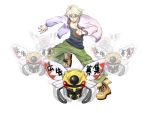  1boy blonde_hair boots crossover ivan_karelin jacket letterman_jacket male ninjask poke_ball pokemon pokemon_(creature) purple_jacket shedinja short_hair tiger_&amp;_bunny yui_(kari) 