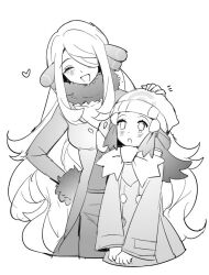  2girls blush closed_eyes cynthia_(pokemon) hair_ornament hair_over_one_eye hat headpat heart hikari_(pokemon) monochrome multiple_girls pokemon pokemon_dppt scarf shocho_(shaojiujiu) yuri 