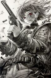  1girl automag belt burn_scar casing_ejection denim ear_piercing earrings fingernails floating_hair greyscale gun handgun highres holding holding_gun holding_weapon jacket jeans jewelry long_sleeves looking_at_viewer magazine_(weapon) magazine_ejection mihiro_00122 monochrome nail_polish original outstretched_arms pants parted_lips piercing red_eyes red_nails scar scar_on_face sharp_fingernails shell_casing short_hair simple_background solo spot_color stitched_face stitches stud_earrings torn_clothes torn_jacket torn_jeans torn_pants trigger_discipline upper_body weapon zipper 