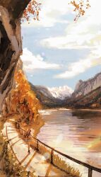  1girl absurdres artist_request austria bang_dream! bang_dream!_it's_mygo!!!!! black_hair black_shoes blue_skirt clouds commentary_request commission day german_commentary highres lake outdoors railing scenery second-party_source shadow shiina_taki shoes skirt solo standing three-quarter_sleeves wide_shot 