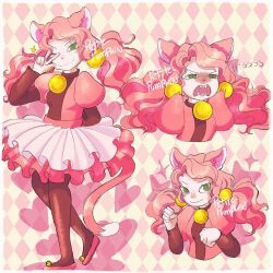 1girl 3 2020 2d animal_ears arm_behind_back artist_name cat_ears cat_girl cat_tail closed_mouth commentary cropped_torso digital_media dress english_commentary female female_only frilled_dress frills full_body green_eyes humanoid low_twintails mad_mew_mew magical_girl multiple_views one_eye_closed open_mouth petite-pumpkin pink_background pink_dress pink_hair pink_shoes puffy_short_sleeves puffy_sleeves shoes simple_background slit_pupils solo sparkle standing tail twintails two-tone_background undertale utdr_(toby_fox) yellow_background 