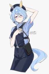  1girl animal_ears blue_eyes blue_hair blue_pants blue_shirt blue_vest blush breasts closed_mouth collared_shirt commentary_request ear_covers hair_between_eyes hat highres horse_ears horse_girl horse_tail k.s.miracle_(umamusume) looking_at_viewer pants police police_hat police_uniform policewoman saramiao-chan shirt short_hair short_sleeves simple_background smile solo tail umamusume vest 