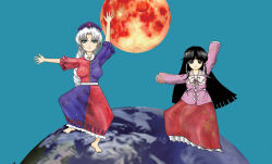  2girls arm_up barefoot black_hair blue_dress blue_eyes blue_hat bow braid breasts brown_eyes commentary_request constellation_print cross dress earth_(planet) hat hime_cut houraisan_kaguya kams large_breasts long_hair looking_at_viewer moon multiple_girls nurse_cap outstretched_arms pink_shirt planet print_shirt print_skirt red_cross red_dress red_moon red_skirt shirt skirt standing standing_on_one_leg touhou two-tone_dress very_long_hair white_bow white_hair yagokoro_dance yagokoro_eirin 