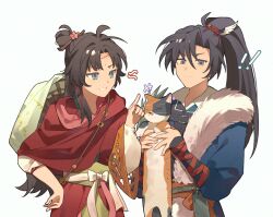  ! !! +++ 1boy 1girl animal black_hair blue_eyes calico_(pattern) calico_cat cat cheng_heguang chinese_clothes chinese_commentary commentary_request hair_branch hair_bun hand_up hanfu hat_on_back holding holding_animal holding_cat index_finger_raised long_hair longcat_(meme) looking_at_another meme paper_heron ponytail red_hanfu reverse:1999 teeth upper_body wavs weimao youluo 