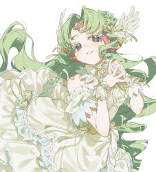  1girl bare_shoulders bow bowtie colored_eyelashes dress falulu falulu_(awakened) floating_hair forehead_jewel frilled_dress frills gem green_hair grey_eyes hair_bow hair_ornament hands_up headphones highres idol idol_clothes light_blush long_hair looking_at_viewer own_hands_together parted_bangs parted_lips pink_gem pretty_series pripara ribbon short_sleeves simple_background smile solo standing white_background white_bow white_dress white_ribbon white_wrist_cuffs wing_hair_ornament wrist_cuffs wrist_ribbon yunomikuchi 