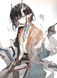  1girl arknights black_hair book calligraphy_brush coat dragon_girl dragon_horns dragon_tail earrings highres holding holding_book holding_calligraphy_brush holding_paintbrush horns jewelry jie_(arknights) long_sleeves looking_at_viewer motoharu_(motoharuuuu) multicolored_hair open_clothes open_coat orange_hair paintbrush pointy_ears shirt short_hair simple_background solo streaked_hair tail tassel tassel_earrings white_background white_shirt 