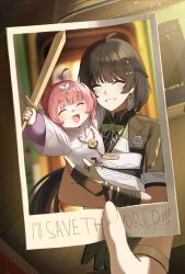  1girl absurdres adoptive_parent_and_adoptive_child aemeath_(wuthering_waves) aemeath_(young)_(wuthering_waves) ashamutoki black_gloves black_hair black_jacket closed_eyes colored_inner_hair commentary earrings english_commentary facing_viewer female_rover_(perpetual_spark)_(wuthering_waves) female_rover_(wuthering_waves) fingerless_gloves gloves hair_ornament highres holding holding_photo holding_sword holding_weapon jacket jewelry mother_and_daughter multicolored_hair open_mouth photo_(object) pink_hair pov pov_hands rover_(wuthering_waves) smile solo sword triangle_earrings weapon white_hair wooden_sword wuthering_waves 