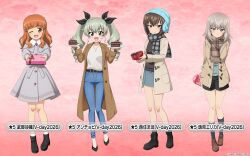  4girls anchovy_(girls_und_panzer) beanie belt black_belt black_boots black_bow black_shoes black_shorts black_socks black_sweater blue_eyes blue_hat blue_pants blue_skirt blunt_bangs blush boots bow box brown_coat brown_eyes brown_hair brown_jacket brown_ribbon brown_shoes buttons cake cake_slice capelet casual character_name chocolate_cake coat commentary_request dress drill_hair earflap_beanie food gift girls_und_panzer girls_und_panzer_senshadou_daisakusen! gradient_background green_hair green_sweater grey_bow grey_capelet grey_dress grey_hair hair_bow hat heart heart-shaped_box heart_button highres holding holding_gift holding_plate incoming_gift itsumi_erika jacket legs loafers long_coat long_hair long_sleeves looking_at_viewer medium_hair multiple_girls nishizumi_maho official_art one_eye_closed open_clothes open_coat open_mouth orange_hair pants plaid_clothes plaid_scarf plate red_background red_bow red_eyes red_ribbon ribbon scarf shoes short_hair shorts skirt smile socks sweater takebe_saori thighs translated twin_drills v-neck valentine wavy_hair white_socks 