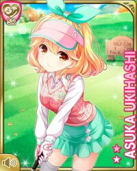  1girl argyle_clothes argyle_skirt blonde_hair bow brown_eyes card_(medium) character_name frown girlfriend_(kari) gloves golf golf_club golf_course green_bow green_skirt grey_thighhighs hair_bow holding holding_golf_club looking_at_viewer miniskirt official_art pink_sweater_vest pink_visor plaid_clothes plaid_sweater_vest qp:flapper raised_inner_eyebrows shirt skirt solo standing sweater_vest thigh-highs thighs ukihashi_asuka white_gloves white_shirt 
