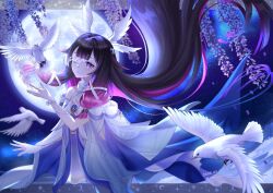  1girl arm_ribbon bare_shoulders bird black_hair bow colored_inner_hair columbina_(genshin_impact) commentary dated dress english_commentary eye_mask floating_hair flower full_moon genshin_impact gradient_hair hair_floating_upwards hair_ribbon head_wings highres karanashi_mari long_hair making-of_available mask moon multicolored_hair night one_eye_closed purple_hair ribbon sidelocks sky solo star_(sky) twitter_username two-tone_hair very_long_hair violet_eyes white_bird white_bow white_dress white_ribbon white_wings wings wisteria wrist_bow 