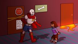  1boy 1other 2018 2d alternate_skin_color ambiguous_gender armor black_shoes blue_shorts brown_hair brown_shorts child commentary dark-skinned_other dark_skin digital_media door double_horizontal_stripe duo english_commentary floor frisk_(undertale) full_body gallifreyanpal gloves hand_on_own_hip height_difference horizontal-striped_clothes human humanoid indoors leaning_forward long_sleeves looking_at_another male monster monster_boy open_mouth papyrus_(undertale) pink_stripes purple_sweater red_boots red_gloves red_scarf scarf shadow shoes short_hair shorts sign skeleton sneakers socks standing stop_sign striped_clothes striped_floor striped_sweater sweater teeth two-tone_sweater undead undertale utdr_(toby_fox) white_armor white_socks 