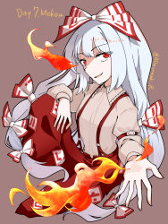  1girl aomurasaki_r bow brown_background character_name collared_shirt commentary fujiwara_no_mokou hair_bow hand_on_own_leg highres long_hair long_sleeves looking_at_viewer multiple_hair_bows open_mouth pants reaching reaching_towards_viewer red_eyes red_pants shirt sleeve_garter solo suspenders touhou twitter_username very_long_hair white_bow white_hair white_shirt 