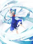  1girl angry arm_above_head attack baka barefoot blue_eyes blue_hair cirno dress fairy ice ice_wings open_mouth solo team_shanghai_alice tiny_pupils toriyama_akira_(style) totteri touhou wings 