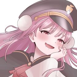  1girl :d ascot black_cape black_hat blunt_bangs blush bun_cover cape double_bun drooling floating_hair furrowed_brow hair_bun hair_ribbon hand_on_own_cheek hand_on_own_face hand_up hat heaven_burns_red highres kanikure12 kunimi_tama long_hair mouth_drool naughty_face open_mouth peaked_cap pink_eyes pink_hair red_ascot ribbon scene_reference simple_background smile solo tearing_up white_background white_ribbon wide_sleeves 