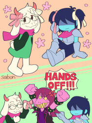  1boy 1girl 1other 2022 2d alternate_hairstyle ambiguous_gender anger_vein animal_ears anthro armlet armor armored_boots arms_behind_back arms_up artist_name barefoot black_jacket blue_hair blue_skin body_fur bodysuit boots bow closed_eyes colored_sclera colored_skin colored_teeth commentary deltarune digital_media droopy_ears english_text fangs female floppy_ears flower_(symbol) full_body furry furry_male gauntlets glasses goat goat_boy goat_ears green_background green_robe hair_bow hair_over_eyes holding holding_bow horns human jacket kris_(dark_world)_(deltarune) kris_(deltarune) lizard lizard_girl long_hair long_sleeves male monster monster_girl orange_background pink_bow pink_hair pink_horns pink_ribbon pink_scarf pink_skin ralsei reptile reptile_girl ribbon robe round_eyewear sabon_t scalie scarf sharp_teeth short_hair short_twintails simple_background sitting sleeveless sleeveless_jacket speech_bubble spiked_armlet standing susie_(dark_world)_(deltarune) susie_(deltarune) teeth text trio twintails two-tone_background utdr_(toby_fox) white_bow white_fur white_ribbon yellow_sclera yellow_teeth 