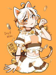  1girl :3 animal_ears aomurasaki_r bell calico_(pattern) cat_ears cat_girl cat_tail character_name check_commentary commentary_request crop_top goutokuji_mike highres jingle_bell looking_at_viewer medium_hair midriff neck_bell orange_background orange_eyes paw_pose shirt shorts solo tail touhou twitter_username white_hair white_shirt white_shorts wrist_cuffs 