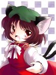 animal_ears brown_hair cat_ears cat_tail chen highres looking_at_viewer multiple_tails open_mouth short_hair smile solo tail touhou yume_shokunin 