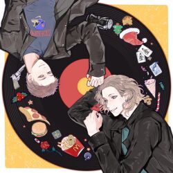  2boys :d aegyo_sal animification arm_at_side arm_behind_head arm_up artist_request black_jacket blue_eyes blue_shirt border brown_hair burger buttons can candy candy_cane card cd closed_mouth clothes_writing collared_jacket confetti curly_hair drink_can dylan_klebold ear_piercing eric_harris fast_food flower food forehead french_fries fur-trimmed_headwear fur_trim gift gingerbread_man green_eyes grin gun hair_behind_ear halftone halftone_background hand_on_own_arm hand_up hat jacket leaf lettuce long_sleeves looking_at_another looking_at_viewer male_focus mcdonald's mole mole_under_eye mole_under_mouth multiple_boys open_clothes open_jacket outside_border pale_skin party_hat party_popper piercing pink_hat pizza pizza_slice playing_card pom_pom_(clothes) real_life red_flower red_hat red_rose revolver rose santa_hat shirt short_hair simple_background sleeves_past_wrists smile soda_can source_request star_(symbol) striped_hat thick_eyebrows third-party_source true_crime two-tone_hat two-tone_headwear unworn_hat unworn_headwear upper_body upside-down very_short_hair weapon white_border wrapped_candy yellow_background yellow_hat 