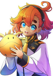  1girl ahoge black_hairband commentary_request edamame_senpai eyelashes gundam gundam_suisei_no_majo hairband haro long_sleeves looking_at_viewer necktie open_mouth short_hair simple_background solo suletta_mercury thick_eyebrows upper_body white_background yellow_necktie 