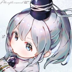  1girl black_hat blue_eyes blush commentary_request from_above grey_background grey_hair hat highres itsumizu looking_at_viewer medium_hair monochrome mononobe_no_futo ponytail ribbon-trimmed_sleeves ribbon_trim solo tate_eboshi touhou twitter_username upper_body v-shaped_eyebrows 