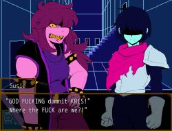  1girl 1other 2021 2d ambiguous_gender anaizzzen anthro armlet armor black_armlet black_jacket blue_hair blue_skin bodysuit colored_sclera colored_skin colored_teeth commentary deltarune dialogue_box digital_media english_commentary female gameplay_mechanics gauntlets goddamn_it_kris_(meme) hair_over_eyes human jacket kimi_ga_shine kris_(dark_world)_(deltarune) kris_(deltarune) lizard lizard_girl lizard_tail long_hair meme monster monster_girl pants pink_hair pink_skin profanity purple_pants reptile reptile_girl reptile_tail scalie scarf sharp_teeth short_hair sleeveless sleeveless_jacket slit_pupils spiked_armlet susie_(dark_world)_(deltarune) susie_(deltarune) tail teeth utdr_(toby_fox) yellow_sclera yellow_teeth 