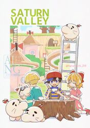  1girl 2boys baseball_bat baseball_cap black-framed_eyewear black_hair blonde_hair blush bow bright_pupils commentary cup doseisan dress english_commentary glasses hair_bow haru-cho hat highres holding holding_cup jeff_andonuts ladder mother_(series) mother_2 multiple_boys ness_(mother_2) open_mouth paula_(mother_2) pink_dress rectangular_eyewear red_bow red_hat red_shoes shirt shoes short_hair smile sneakers socks striped_clothes striped_shirt t-shirt teacup tree_stump twitter_username violet_eyes white_pupils white_socks 