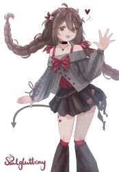  1girl :d ahoge alternate_costume alternate_hairstyle black_choker black_skirt black_socks bow bowtie braid broken_heart broken_heart_hair_ornament brown_hair cable_knit cardigan chain_belt choker collarbone cross-laced_clothes cross-laced_sleeves demon_horns demon_tail double-parted_bangs evil_neuro-sama fang feet_out_of_frame floating_hair grey_cardigan hair_between_eyes hair_ornament hair_ribbon heart heart_necklace highres horns jewelry kneehighs long_hair long_sleeves looking_at_viewer loose_socks low_twin_braids mini_wings miniskirt necklace off-shoulder_cardigan puffy_long_sleeves puffy_sleeves red_bow red_bowtie red_eyes red_ribbon red_tank_top ribbon single_fishnet_legwear skin_fang skirt skull_hair_ornament smile socks solo soulgluttony tail tank_top torn_bowtie torn_clothes torn_skirt twin_braids vedal_ai very_long_hair waving wings 