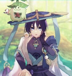  1boy :p anemo_symbol_(genshin_impact) animal_on_shoulder aranara_(genshin_impact) armor belt bird bird_on_hand bird_on_shoulder black_belt black_bodysuit black_bow black_bridal_gauntlets black_gloves black_shorts blue_cape blue_gem blue_kimono blue_sleeves blunt_ends blurry blurry_background bodysuit bow bridal_gauntlets cape choppy_bangs commentary_request creature_on_head elbow_gloves eyeliner feathers finch fingerless_gloves fingernails furisode gem genshin_impact gloves gold hand_on_own_face hand_on_own_knee hat japanese_armor japanese_clothes jingasa juban kimono kote kurokote layered_sleeves looking_at_viewer makeup male_focus open_clothes open_kimono outdoors plant_roots pom_pom_(clothes) purple_hair purple_hat purple_pupils purple_rope purple_sash raised_eyebrow red_eyeliner rope sash scaramouche_(genshin_impact) short_sleeves shorts shoulder_peek single_bridal_gauntlet single_glove solo straight-on tongue tongue_out violet_eyes vision_(genshin_impact) wanderer_(genshin_impact) white_kimono white_sleeves yellow_feathers zkym78 