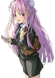  1girl absurdres bag commentary_request heaven_burns_red highres holding holding_phone kunimi_tama long_hair office_lady phone pink_hair shoulder_bag simple_background tatika714 violet_eyes 