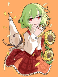  1girl aomurasaki_r ascot character_name collared_shirt commentary flower frilled_skirt frills green_hair highres kazami_yuuka long_sleeves looking_at_viewer open_mouth orange_background petals plaid_clothes plaid_skirt plaid_vest red_eyes red_skirt red_vest shirt shirt_tucked_in short_hair skirt solo summer sunflower touhou twitter_username umbrella vest white_shirt white_umbrella yellow_ascot 