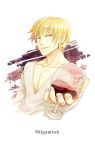  blonde_hair character_name cup cupping_glass earrings fate/zero fate_(series) gilgamesh jewelry luoyin male red_eyes solo v-neck wine wine_glass 