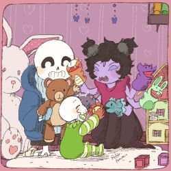 1girl 2016 2boys 2d aged_down anthro arachnid arthropod arthropod_girl artist_name black_hair black_shorts blue_hood blue_jacket blue_sweater border brothers brown_skirt child colored_sclera colored_skin commentary dated_commentary digital_media doll_house english_commentary extra_arms extra_eyes fangs female gloves green_romper hand_puppet holding holding_stuffed_animal hood hood_down hooded_jacket horizontal-striped_clothes humanoid indoors jacket kneeling male mobile monster monster_boy monster_girl muffet multiple_boys open_clothes open_jacket open_mouth orange_gloves papyrus_(undertale) petite-pumpkin playing puppet purple_sclera purple_skin red_background red_shirt romper sans_(undertale) shirt short_twintails siblings simple_background sitting skeleton skirt sleeveless sleeveless_shirt smile socks spider spider_girl striped_romper stuffed_animal stuffed_rabbit sweater teddy_bear teeth toddler toy toy_block trio twintails undead undertale utdr_(toby_fox) white_socks