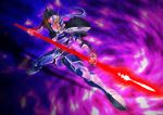  ao_(zero-system) blue_hair crossover fate/stay_night fate_(series) gae_bolg glowing glowing_weapon gundam lancer long_hair male mechanization parody polearm ponytail solo spear weapon 