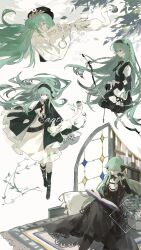  1girl absurdres animal arrow_(projectile) bandaged_hand bandages beret black_boots black_bow black_bowtie black_dress black_gloves black_hairband black_hat book book_stack bookshelf boots bow bow_(weapon) bowtie braid brooch closed_eyes coat dated dress expressionless floating_hair gloves green_coat green_hair hair_ornament hairband hat head_rest highres holding holding_bow_(weapon) holding_weapon jewelry long_hair long_sleeves looking_at_viewer multicolored_eyes multiple_views off_shoulder open_book original pillow profile reading rug shen_a_fang sitting sleeping two-tone_dress two-tone_eyes very_long_hair watermark weapon white_dress 