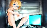  bare_shoulders blonde_hair blue_eyes casual computer_keyboard glasses kagamine_rin maclo monitor short_hair shorts sitting solo thumbs_down vocaloid 