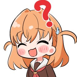  1girl :3 :d ? ^_^ blush brown_dress chibi chibi_only closed_eyes commentary_request dress facing_viewer hair_ornament hasu_no_sora_school_uniform hinoshita_kaho link!_like!_love_live! long_sleeves love_live! medium_hair neckerchief onwa_amari orange_hair rabbit_hair_ornament red_neckerchief sailor_collar sailor_dress school_uniform simple_background smile solo two_side_up virtual_youtuber white_background white_sailor_collar winter_uniform 