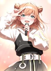  1girl :d absurdres aqua_eyes blush commentary_request cowboy_shot crossed_bangs deepness_(love_live!) double_bun enu_illustip finger_gun hair_bun highres hinoshita_kaho holding holding_microphone link!_like!_love_live! long_sleeves looking_at_viewer love_live! medium_hair microphone official_alternate_costume official_alternate_hairstyle open_mouth orange_hair smile solo 