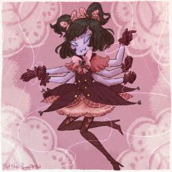  1girl 2017 2d alternate_costume anthro arachnid arthropod arthropod_girl artist_name black_hair border bow brown_gloves brown_pantyhose brown_vest colored_sclera colored_skin commentary dated_commentary digital_media dress dynamic_pose english_commentary extra_arms extra_eyes fangs female female_only frilled_dress frills full_body gloves hair_bow heart_print magical_girl monster monster_girl muffet pantyhose petite-pumpkin pink_background pink_bow puffy_short_sleeves puffy_sleeves purple_sclera purple_skin red_bow short_twintails simple_background solo spider spider_girl string twintails undertale utdr_(toby_fox) vest white_border 