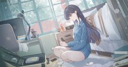  1girl absurdres alarm_clock bang_dream! bang_dream!_it's_mygo!!!!! barefoot bed bedroom black_hair blue_shirt blue_shorts cellphone chair clock commentary commission english_commentary highres indian_style indoors light_particles long_hair long_sleeves monitor mygo!!!!!_(bang_dream!) pajamas phone road_sign second-party_source shiina_taki shirt shorts sign sitting smartphone solo stop_sign suitcase violet_eyes window wuzhuang_caikuangche 