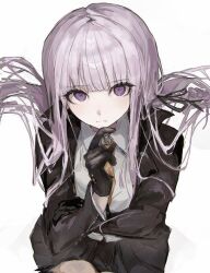  1girl black_gloves black_jacket black_ribbon black_skirt blunt_bangs braid closed_mouth collared_shirt danganronpa:_trigger_happy_havoc danganronpa_(series) floating_hair gahagahay526 gloves hair_ribbon hand_up jacket kirigiri_kyoko long_hair long_sleeves looking_at_viewer necktie open_clothes open_jacket pink_hair ribbon shirt skirt solo upper_body violet_eyes white_background white_shirt 