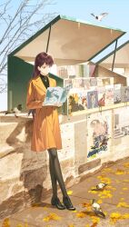  1girl absurdres artist_request autumn_leaves bang_dream! bang_dream!_it's_mygo!!!!! bird black_pantyhose black_shoes black_sweater brown_coat brown_hair closed_mouth coat commentary commission france highres jewelry leaf light_particles long_hair mole mole_under_eye necklace outdoors pantyhose paris pigeon real_world_location second-party_source shiina_taki shoes solo standing sweater violet_eyes 