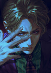  1boy black_theme blonde_hair closed_mouth commentary_request dark dark_background formal_clothes from_above green_shirt hand_over_eye hand_up highres jojo_no_kimyou_na_bouken kira_yoshikage lips looking_at_viewer lu_cy_6 male_focus necktie painterly parted_bangs pinstripe_pattern pinstripe_shirt portrait purple_necktie purple_suit realistic shirt short_hair skull_print smile solo striped_clothes striped_shirt suit vertical-striped_clothes vertical-striped_shirt violet_eyes 