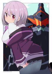  1girl alexis_kerib artist_name assault_visor border bow commentary gridman_universe jacket loafers medium_hair nashirasauce off_shoulder pantyhose pleated_skirt purple_bow purple_hair purple_jacket red_eyes school_uniform shinjou_akane shirt shoes skirt sky smile ssss.gridman white_border white_shirt 