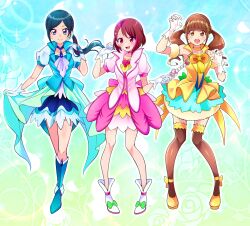  3girls absurdres ankle_boots ascot back_bow black_thighhighs blue_ascot blue_background blue_boots blue_bow blue_choker blue_dress blue_eyes blue_hair blue_jacket blue_scrunchie blue_skirt blue_theme bob_cut boots bow brown_eyes brown_hair choker claw_pose closed_mouth commentary commentary_request cosplay cure_fontaine cure_fontaine_(cosplay) cure_grace cure_grace_(cosplay) cure_sparkle cure_sparkle_(cosplay) dress floral_background frilled_thighhighs frills frown full_body fur_armlet gloves gradient_background green_background green_bow hair_ornament hair_scrunchie half-dress hanadera_nodoka healin'_good_precure healing_stick highres hiramitsu_hinata holding holding_wand jacket knee_boots long_hair looking_at_viewer looking_to_the_side magical_girl medium_dress medium_hair miniskirt mitsuki_tayura multicolored_dress multiple_girls open_mouth partial_commentary pink_boots pink_bow pink_choker pink_dress pink_eyes pink_hair pink_jacket pink_theme ponytail precure puffy_short_sleeves puffy_sleeves sawaizumi_chiyu scrunchie shoes short_sleeves side-by-side skirt skirt_hold smile standing swept_bangs thigh-highs twintails twitter_username violet_eyes wand white_gloves yellow_choker yellow_dress yellow_shoes 