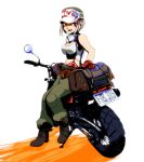  bag bare_arms bare_shoulders baseball_cap belt boots breasts brown_eyes cap cleavage crop_top goggles hat license_plate light_brown_hair midriff motor_vehicle motorcycle navel numberplate okina open_mouth open_pants original simple_background sitting sleeveless solo suspenders tank_top vehicle 